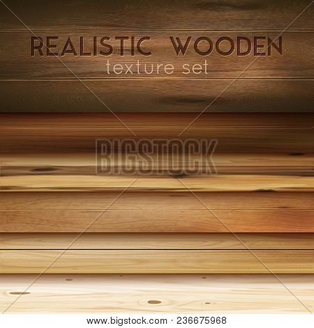Realistic Wooden Texture Horizontal Set With Editable Text And Cumbersome Images Of Polished Wood Pa