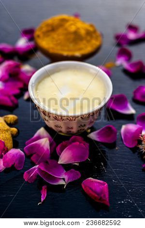 Haldi Ubtan With All Its Ingredients I.e. Milk And Gram Flour With Rose Petals Helps To Remove The B