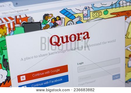 Ryazan, Russia - April 16, 2018 - Homepage Of Quora Website On The Display Of Pc, Url - Quora.com