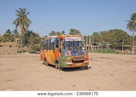 India, Hampi, 02 February 2018. A School Indian Bus Is On The Bus Station.