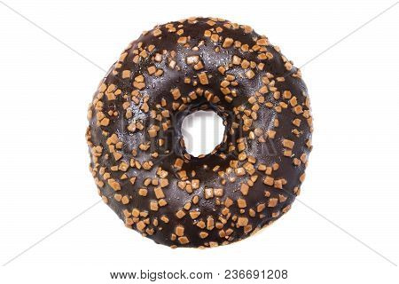 A Photo From Above Of The Single Chocolate Glazed Donut With Sprinkles Isolated White Background. Ov
