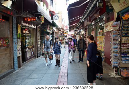 Macau, China- 07 Apr, 2018: The Food Street Or Rua Do Cunha In Taipa Island Macau.