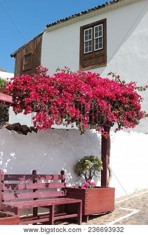 Red Blooming Bougainvillea And Bench In Front Of A Spanish House, Gomera, Canary Islands