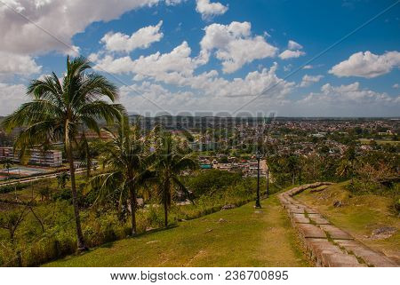 Santa Clara, Cuba: The View From The Hill Of The City. Steps Going Down. Monument Of The Lomo Del Ca