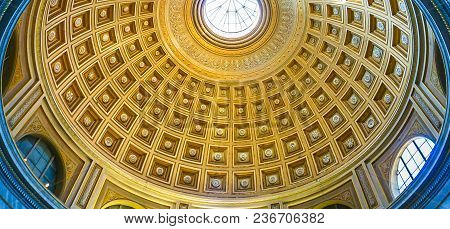 Vatican City, Italy:  October 11, 2017:  Ornate Dome Ceiling In The Rotunda Of The Vatican Museum