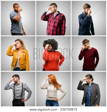 Group of mixed people, women and men with sleepy expression, being overworked and tired, rubbes nose because of weariness