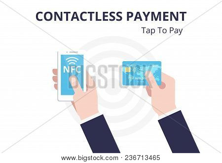 Contactless Payment With Smartphone, Credit Card, Pos Terminal Vector Flat Illustration. Nfc Concept