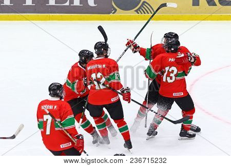 Kyiv, Ukraine - April 17, 2018: Players Of Hungary National Team Reacts After Scored A Goal During T