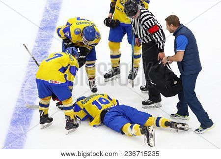 Kyiv, Ukraine - April 17, 2018: Hlib Krivoshapkin Of Ukraine Lies On Ice After Injured During The Ii
