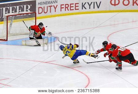 Kyiv, Ukraine - April 17, 2018: Dmytro Danylenko Of Ukraine (in Yellow) Scores A Goal During The Iih