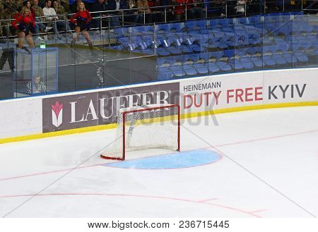 Kyiv, Ukraine - April 17, 2018: Empty Hockey Net On The Ice Of Palace Of Sports In Kyiv During The I