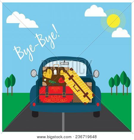 Car With Luggage Going To The Trip . Vector Illustration.