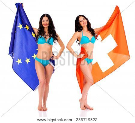 Collage Young beautiful brunette women in blue bikini holding a large flag of Switzerland and European, isolated on white background