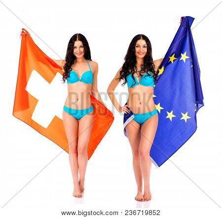 Collage Young beautiful brunette women in blue bikini holding a large flag of Switzerland and European, isolated on white background