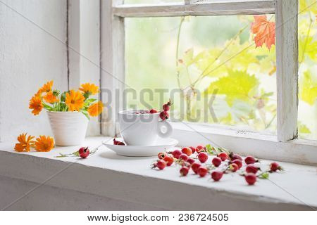 Tea With Berries Of A Dogrose On A Windowsill