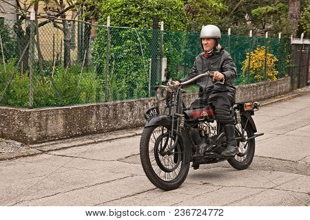 San Pietro In Trento, Ravenna, Italy - April 13, 2018: Rider On A Vintage English Motorcycle Lea-fra