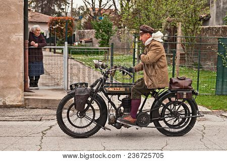 San Pietro In Trento, Ravenna, Italy - April 13, 2018: Rider On A Old English Motorcycle Bsa Model K