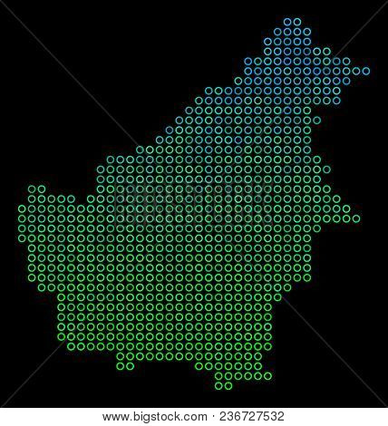 Dotted Gradient Borneo Island Map. Vector Geographic Map In Green And Blue Gradiented Color Tints On