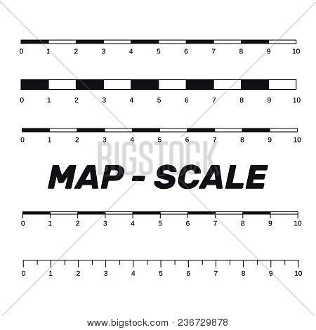 Map Scales Graphics For Measuring Distances. Scale Measure Map Vector. Latitude And Longitude Distan
