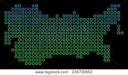 Dotted Gradient Ussr Map. Vector Territorial Map In Green And Blue Gradiented Color Tints On A Black