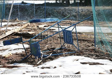Abandoned Volleyball Court Destroyed With The Chair Of The Judge