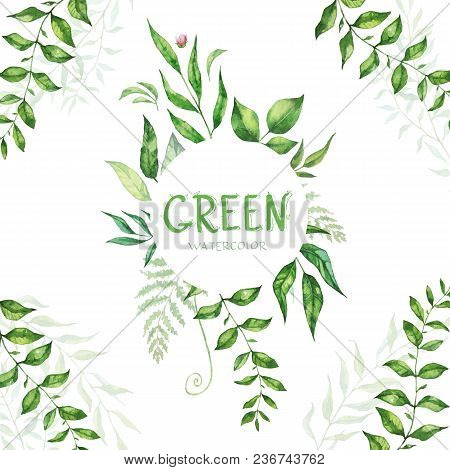 Floral Greenery Card Design. Forest Branch Green Leaves Foliage Herb, Greenery Frame. Wedding Invita