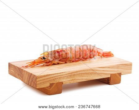Argentine Red Shrimp On A Wooden Bred. Shrimp And Lemon Flatlay