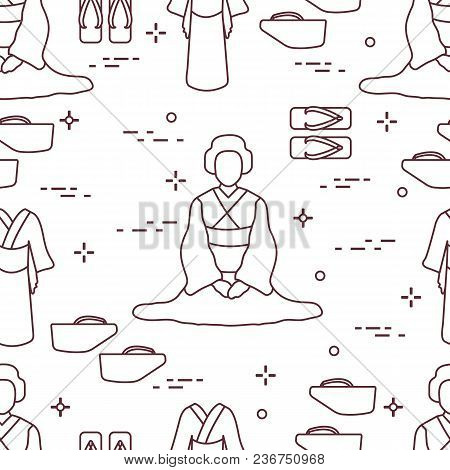 Seamless Pattern With Asian Woman, Traditional Japanese Clothing, Shoes. Travel And Leisure.