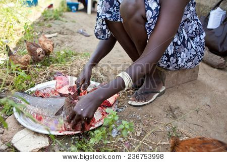 A woman cuts fish outdoors on the ground in South Sudan.