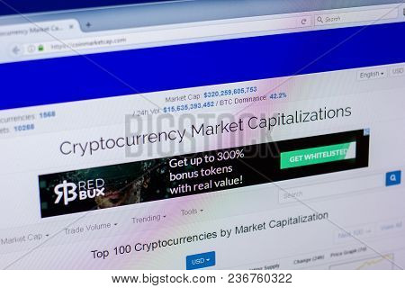 Ryazan, Russia - April 16, 2018 - Homepage Of Coinmarketcap Website On The Display Of Pc, Url - Coin