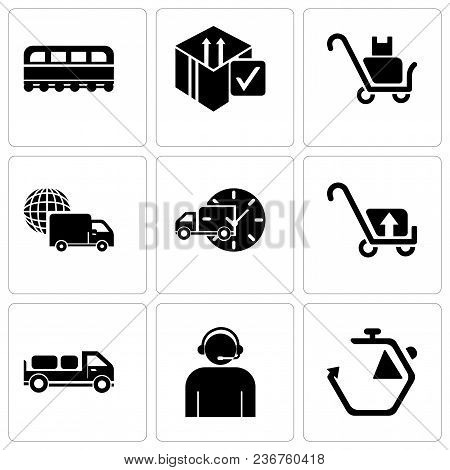 Set Of 9 Simple Editable Icons Such As Chronometer, Call Center Worker With Headset, Delivery Truck 
