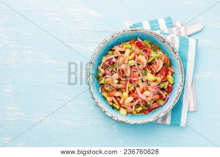 Mexican Food. Mexican Shrimps Ceviche Sebiche With Tomatoes And Avocado In Blue Bowl, Wooden Blue Ba