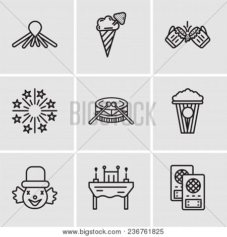 Set Of 9 Simple Editable Icons Such As Loudspeaker, Dinner, Clown, Popcorn, Drums, Fireworks, Beer, 