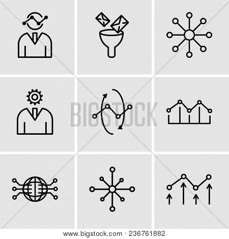 Set Of 9 Simple Editable Icons Such As Decreasing Chart, Data Analytics Wheel, Globe Connected Circu