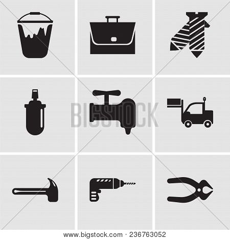 Set Of 9 Simple Editable Icons Such As Nipper, Drill, Hammer, Lorry, Crane, Gas Can, Tie, Bag, Colou