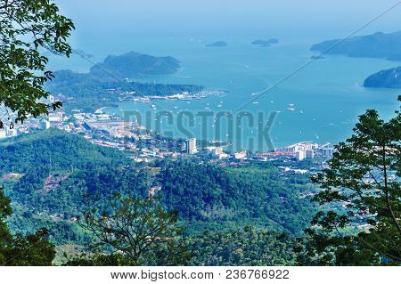 Aerial View Of Beautiful Blue Gulf With Boats And City On Tropical Island Langkawi, Malaysia