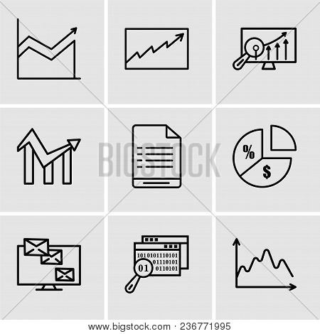 Set Of 9 Simple Editable Icons Such As Data, Data Search, Monitor Analytic, Pie Chart Information On