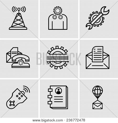 Set Of 9 Simple Editable Icons Such As Air Balloon, Contact Book, Remote Control, Email, Binary Code