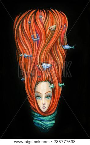 Red-haired Woman With Green Eyes, In Hair As In Seaweed Small Fishes Swim. Imagination. Black Backgr