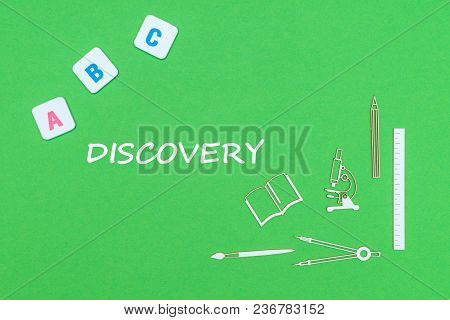 Concept School, Text Discovery, School Supplies Wooden Minitures, Abc Letters On Green Backboard