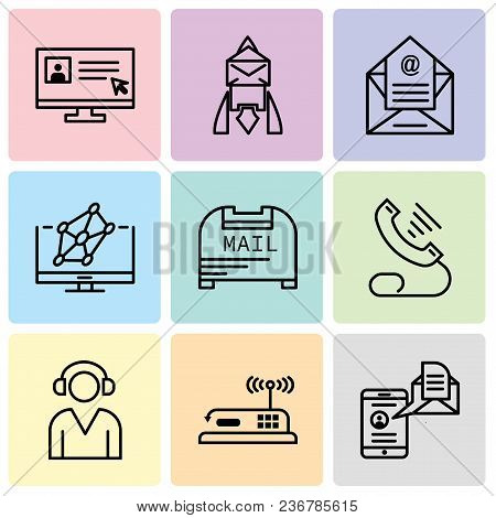 Set Of 9 Simple Editable Icons Such As Mail And Spartphone, Router, Support, Telephone, Mail Box, Ho