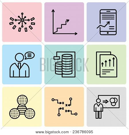 Set Of 9 Simple Editable Icons Such As Person Explaining Data, Strategy Sketch, Pie Graphic Comparis