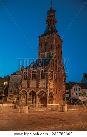 Tielt, Belgium - July 03, 2017. Night View Of Square With Tower At Dusk In Tielt. Charming And Quiet