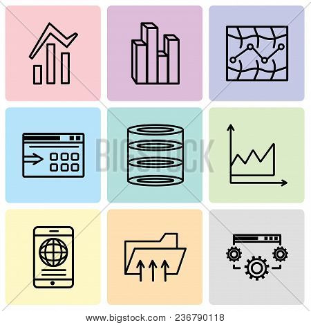 Set Of 9 Simple Editable Icons Such As Data Settings, Connected Folder Data, Mobile Phone Globally C