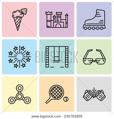 Set Of 9 Simple Editable Icons Such As Beer, Table Tennis, Drone, 3d Glasses, Swings, Fireworks, Rol