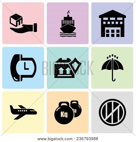Set Of 9 Simple Editable Icons Such As Wood Package Box Of Square Shape For Delivery, Weight Tool, A