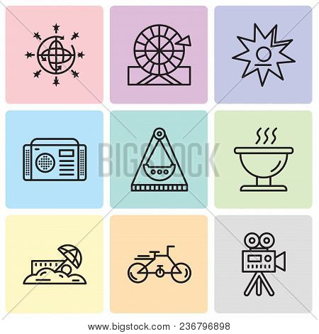 Set Of 9 Simple Editable Icons Such As Video Camera, Bike, Sand, Bbq, Carousel, Radio, Walk Of Fame,