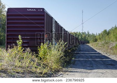 Millinocket, Maine, Usa - September 27, 2011: String Of Boxcars On Siding Near Millinocket, Maine