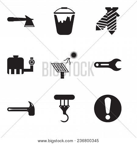 Set Of 9 Simple Editable Icons Such As Exclamation, Crane, Hammer, Pipe Wrench, Solar Battery, Water