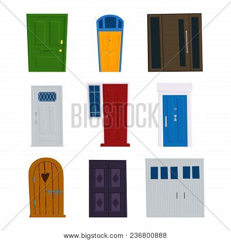 Set Of Vector Doors, Front Facade Entrance To Buildings And Houses With Lock, Eye, Door Handle. Flat